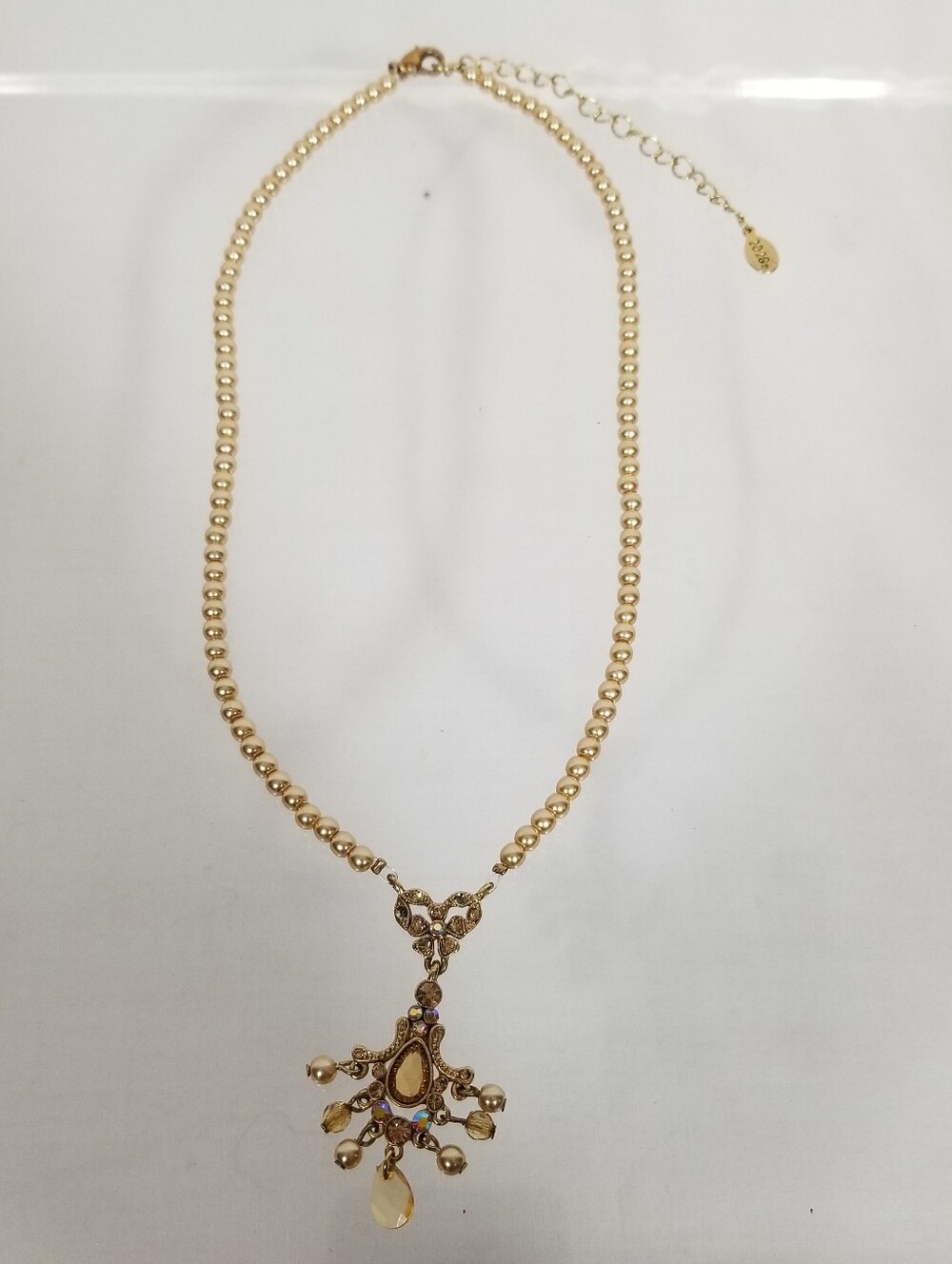 2028 Brand Victorian Style Golden Faux Pearl Rhinestone Pendant Necklace 16-18”